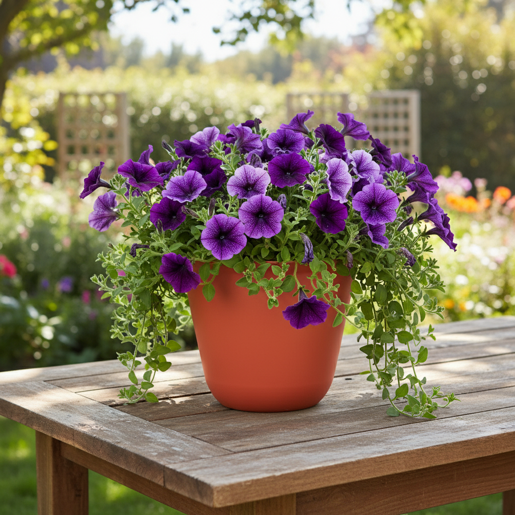 Flare rim planter with purple petunias on garden table