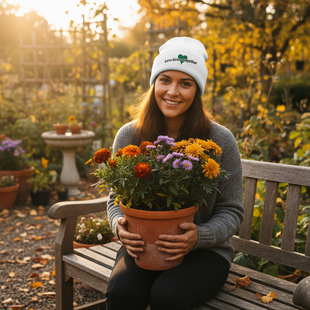 Person in beanie holding terracotta pot in garden