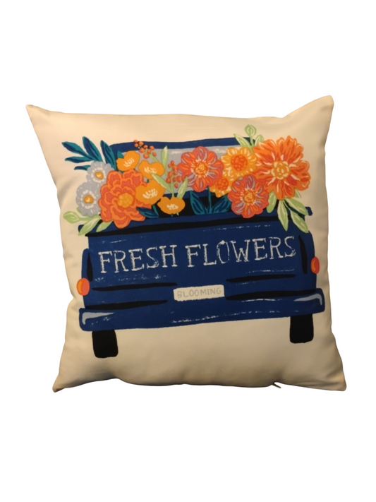Fresh Flowers Decorative Throw Pillow – Reversible Farmhouse Truck & Floral Bird Cushion, 16" × 16