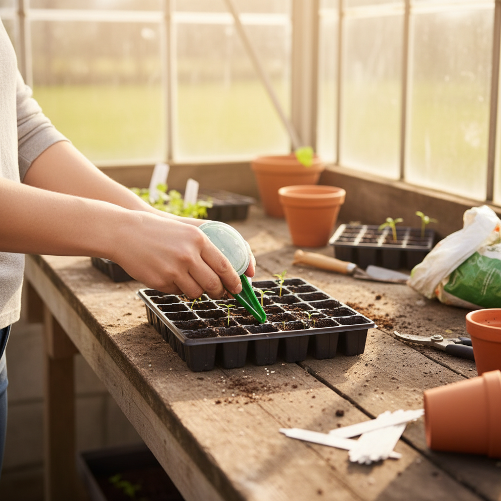 Seed dispenser in greenhouse with seed trays