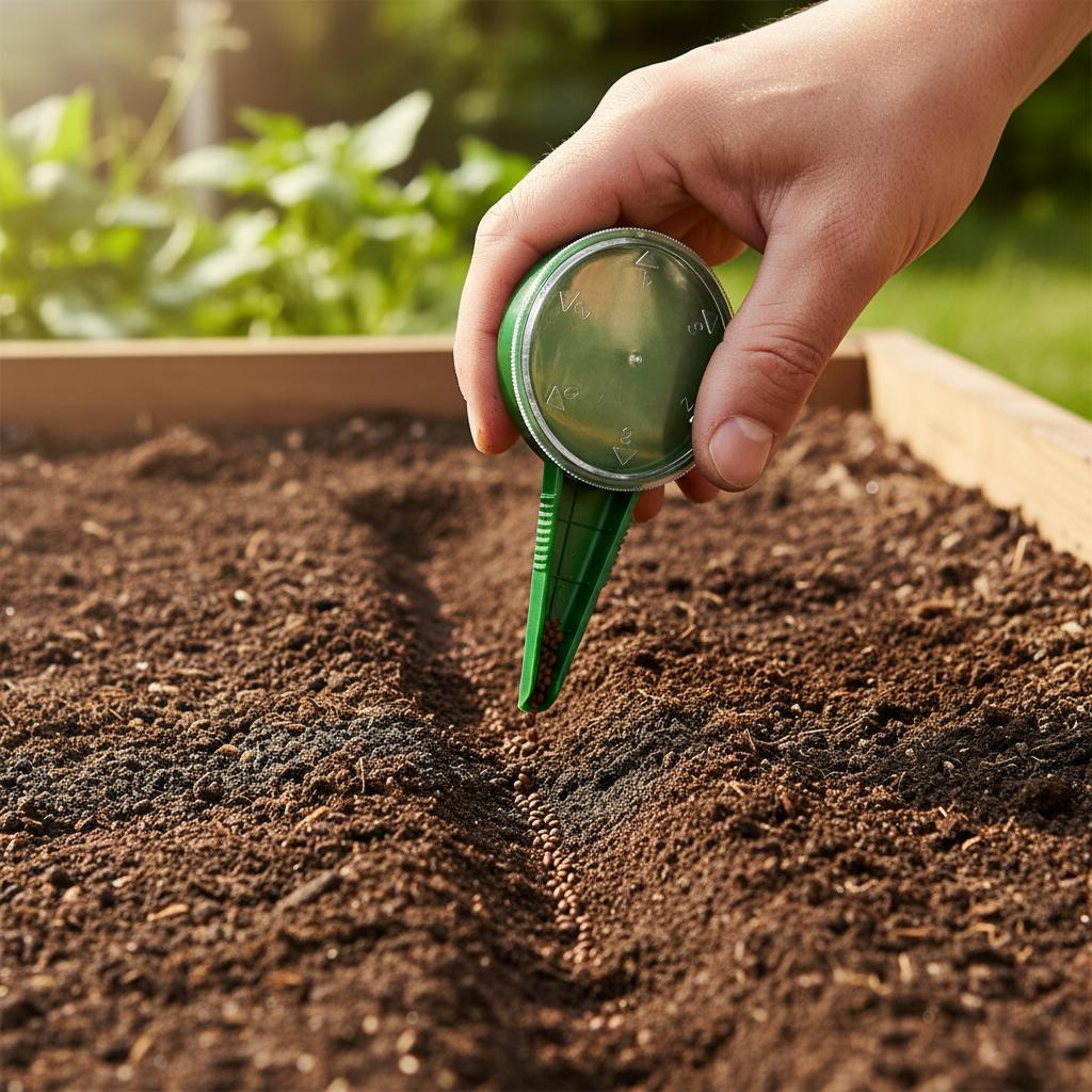 Seed dispenser planting in garden bed