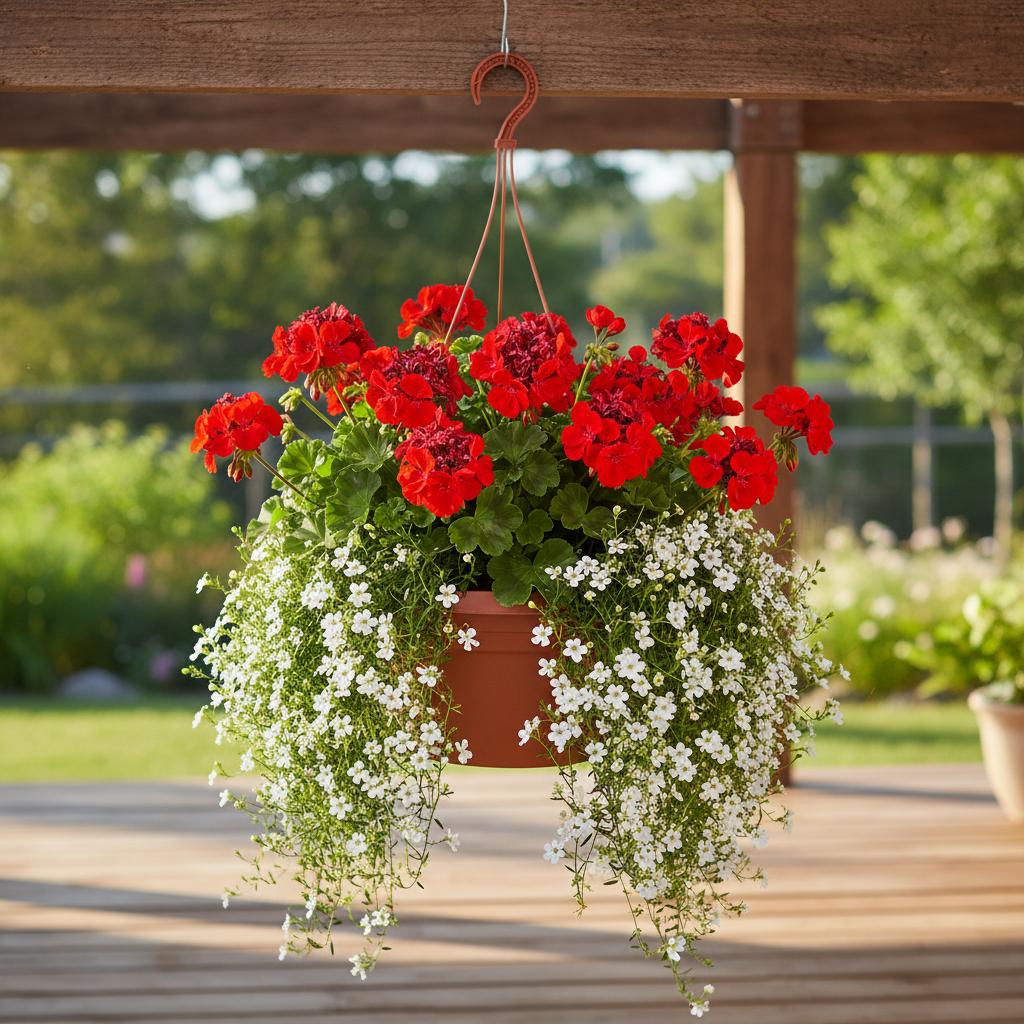 Terracotta basket with red geraniums on porch